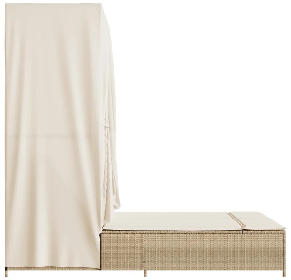 Lettino prendisole con tetto e tende beige in polyrattan