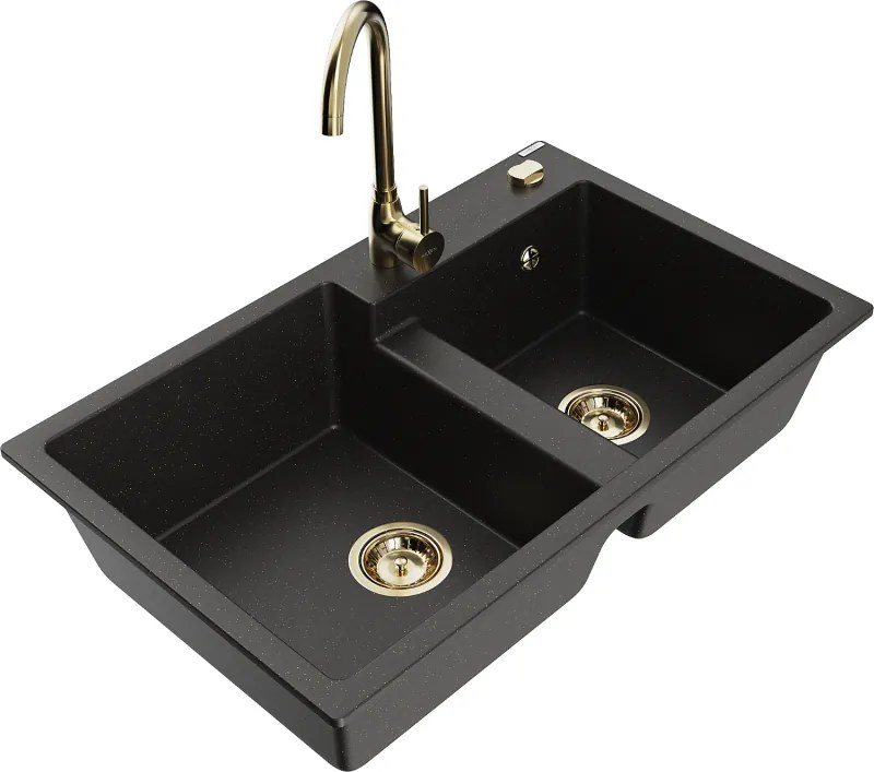 Mexen Tomas lavello in granito a 2 vasche con rubinetto da cucina Telma, nero/oro metallizzato - 6516-75-670200-50