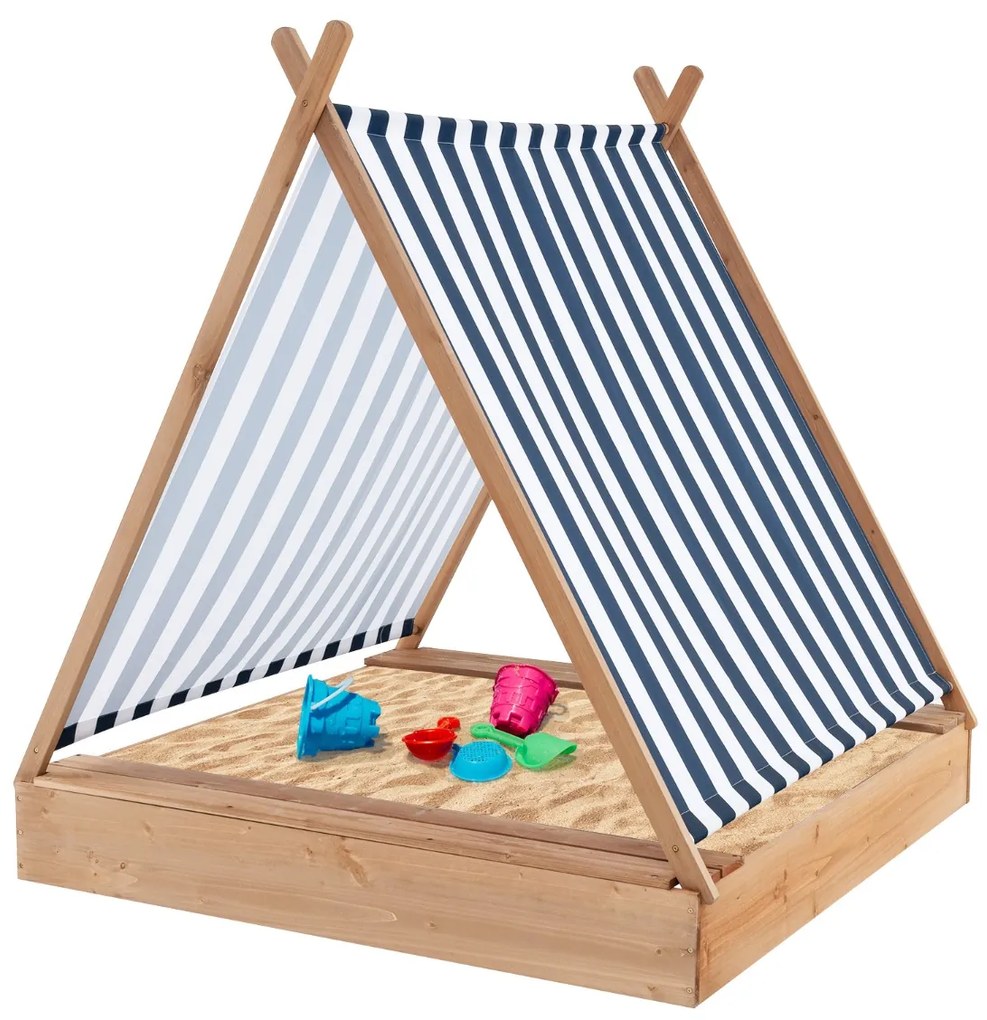 Costway Sabbiera per bambini con copertura, Sabbiera in legno grande con 2 panche per esterni per cortile 124x123cm