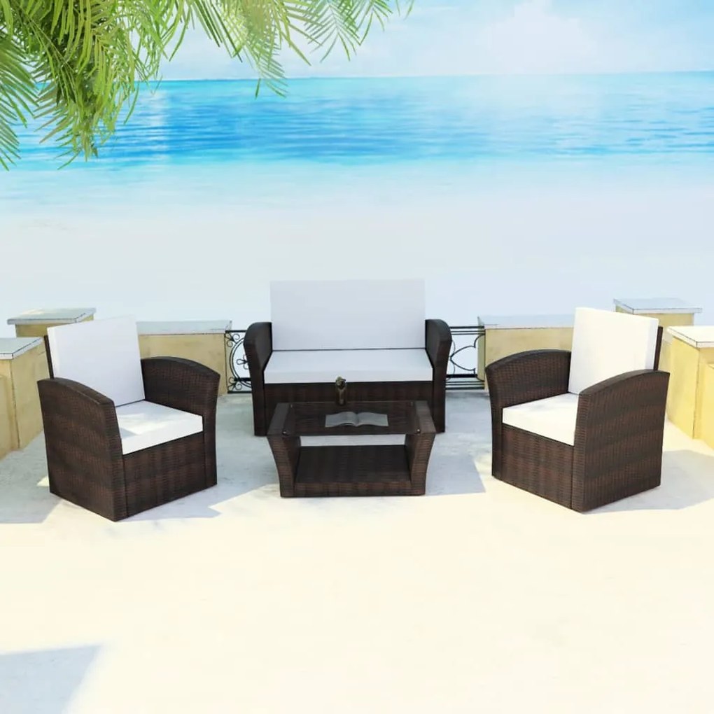 Set divani da giardino 4 pz con cuscini in polyrattan marrone