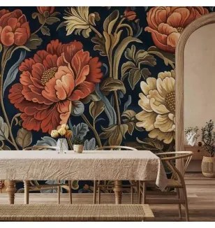 Carta da parati - Tapestry Large Flowers Retro Floral Motif in Kilim Style Lavabile 450x315