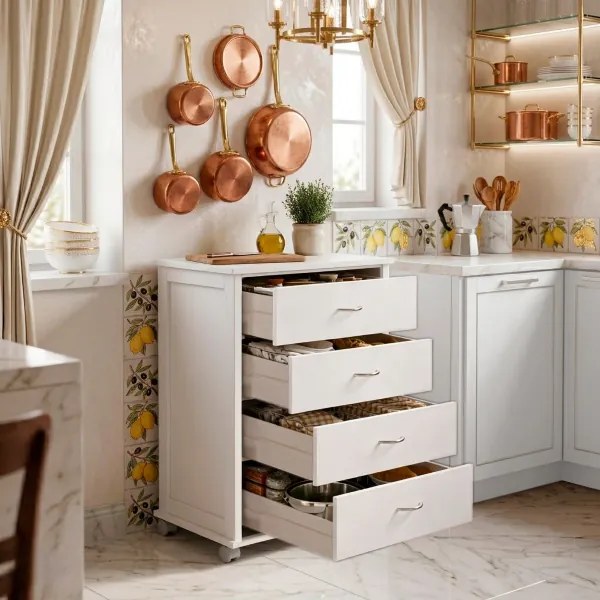 Cassettiera con ruote ICON 58X83h cm in Legno di Faggio a 4 Cassetti Laccato Bianco