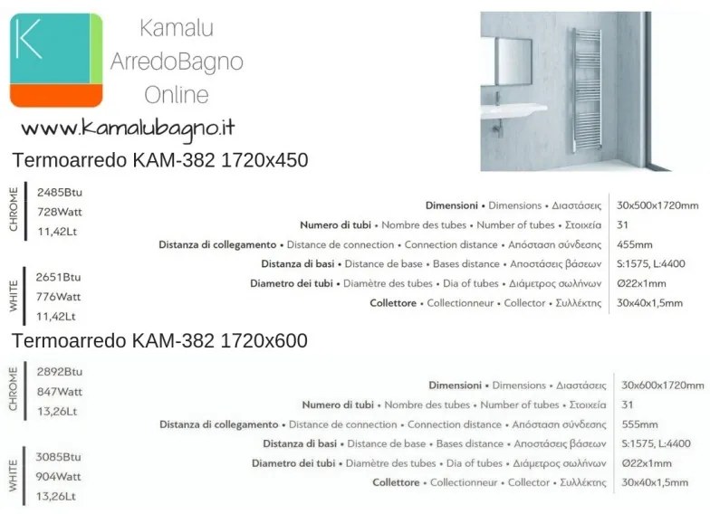 Kamalu - radiatore bagno cromo 1720x450mm modello kam-382c