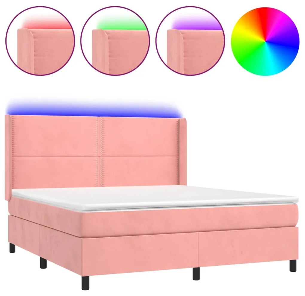 Letto a molle con materasso e led rosa 180x200 cm in velluto