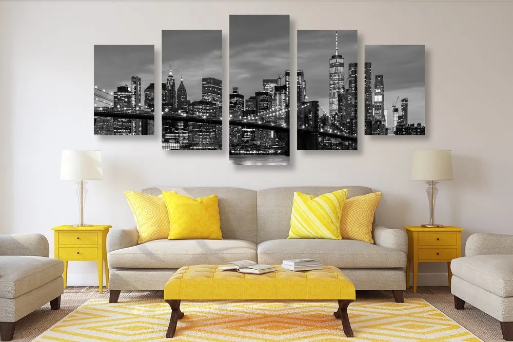 Quadri 5 pezzi – Affascinante ponte di Brooklyn in bianco e nero