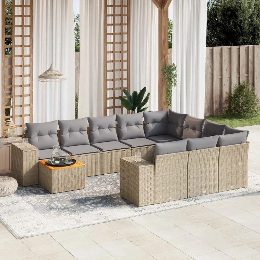 Set Divani da Giardino 11 pz con Cuscini Beige in Polyrattan