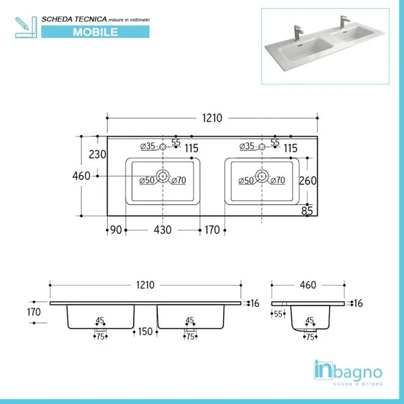 Mobile bagno sospeso 120 cm rovere juta con 4 cassetti Mavi