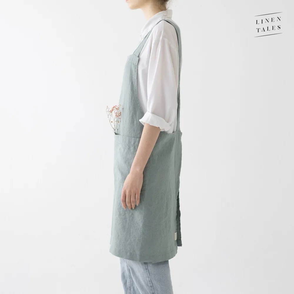 Grembiule di lino verde Crossback, lunghezza 80 cm Milieu - Linen Tales
