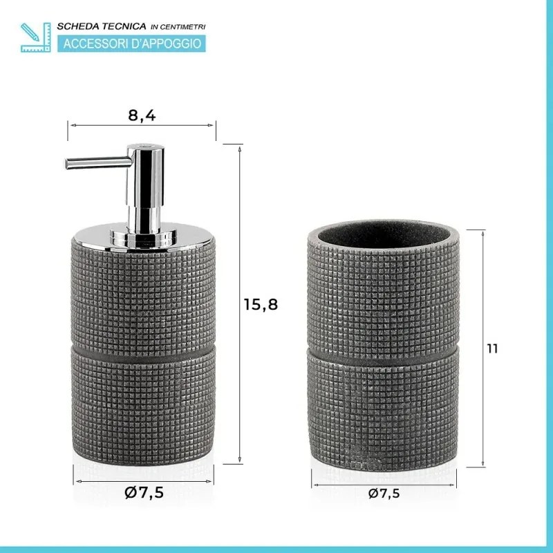 Set bagno dispenser sapone liquido e porta spazzolini grigio in resina Petra