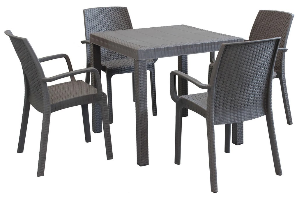 CALIGOLA - set tavolo in resina effetto rattan cm 80 x 80 x 74 h con 4 poltrone Alma