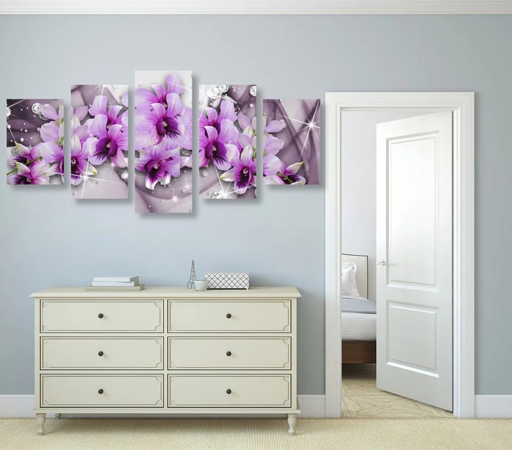 Quadri 5 pezzi – Fiori viola su sfondo astratto