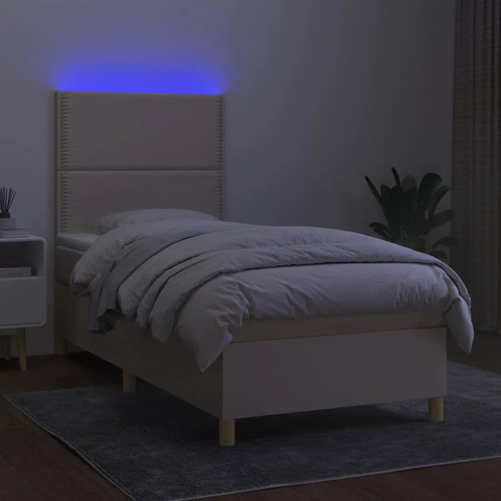 Letto a molle con materasso e led crema 90x200 cm in tessuto