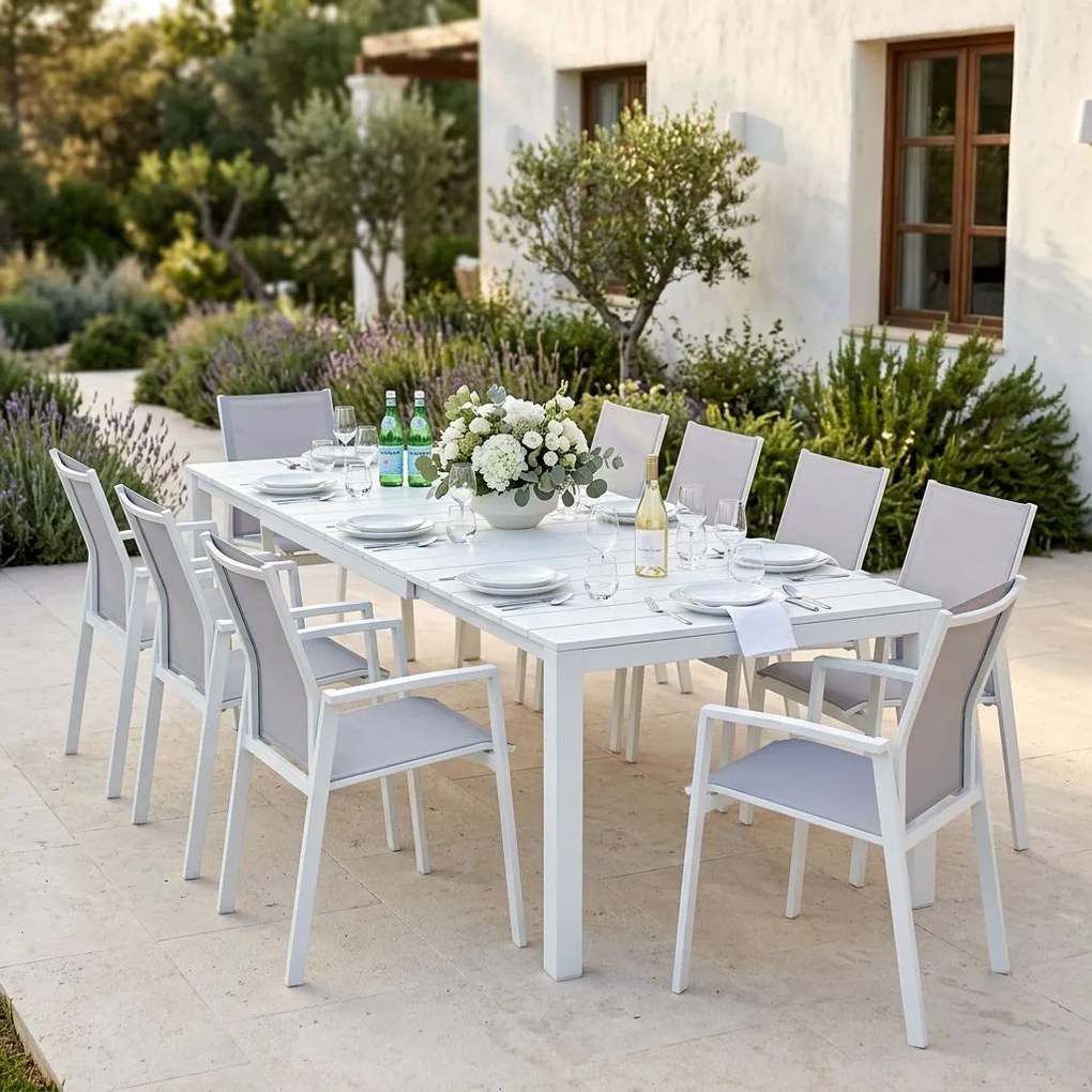 ALASKA - set tavolo in alluminio cm 214/280 x 100 x 75,5 h con 10 poltrone Lotus