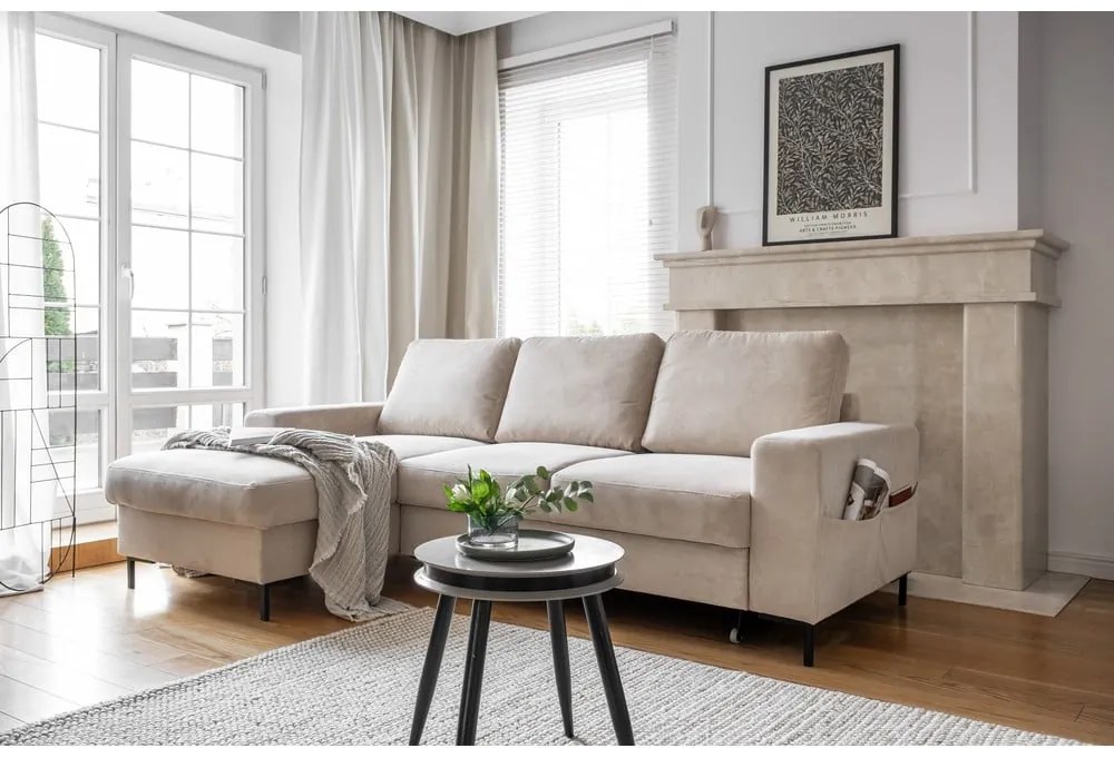 Divano letto in velluto a coste beige (angolo sinistro) Lofty Lilly - Miuform