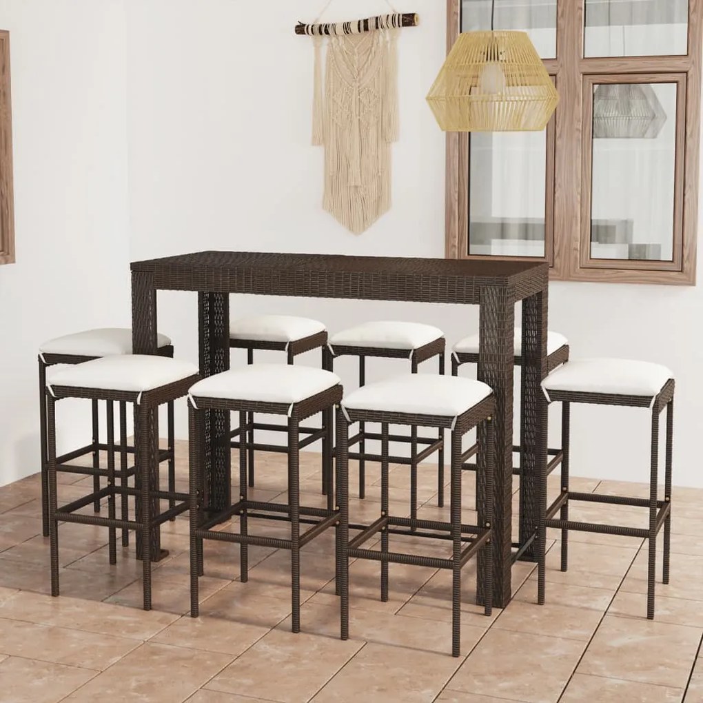 Set da Bar da Giardino 9 pz con Cuscini in Polyrattan Marrone