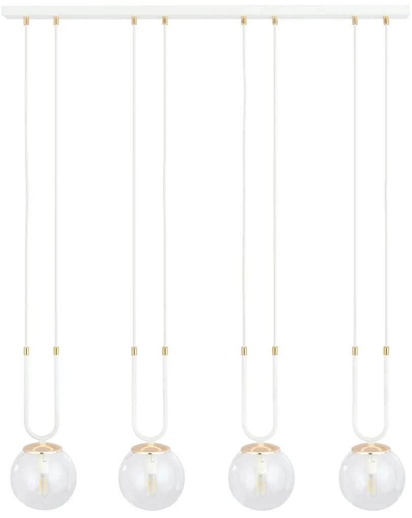 Sospensione 4 Luci Glam In Acciaio Bianco Oro E Sfera In Vetro Trasparente
