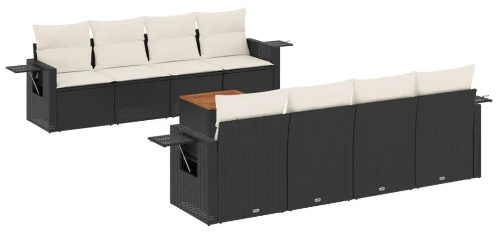 Set divani da giardino 9 pz con cuscini nero in polyrattan