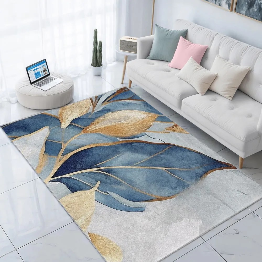 Tappeto blu/dorato lavabile 120x180 cm Golden Leaves – Mila Home