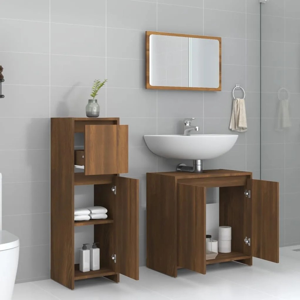 Set mobili da bagno 3 pz rovere marrone in legno multistrato