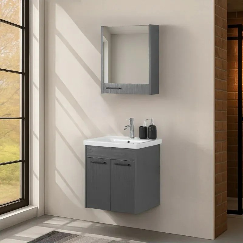 Mobile bagno sospeso 55 cm grigio effetto legno con armadietto a specchio Sofia