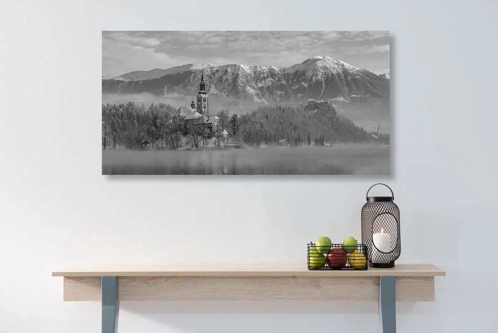 Stampa su tela – Chiesa sul lago Bled in Slovenia in bianco e nero