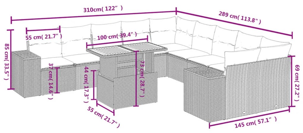 Set divani da giardino 11 pz con cuscini in polyrattan nero