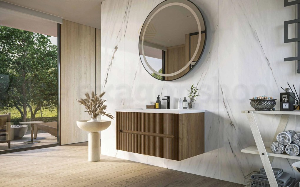 Mobile bagno noce chiaro 90x46 cannettato Urbino due cassetti con lavabo in ceramica frontale