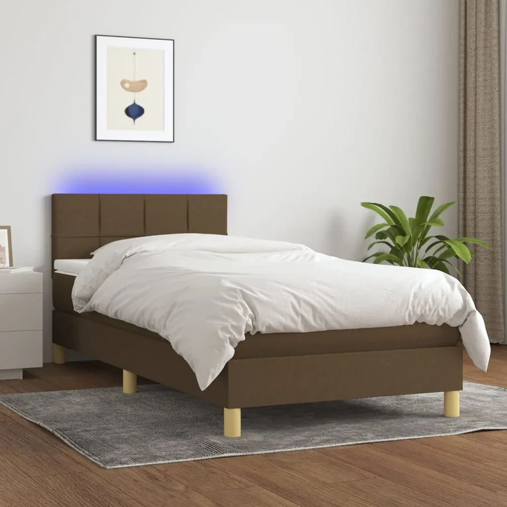 Letto a molle materasso e led marrone scuro 90x200cm in tessuto