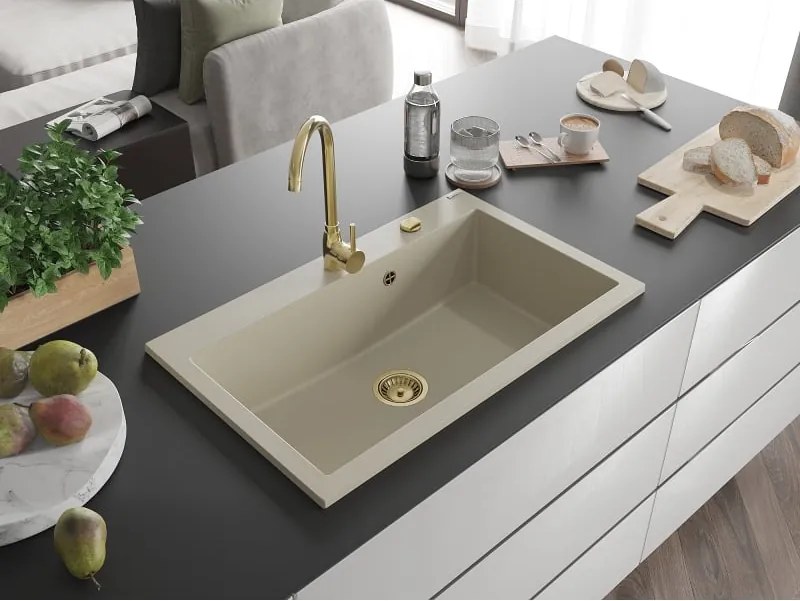 Mexen Elix lavello in granito con 1 vasca 800 x 500 mm, beige, sifone dorato - 6527801005-69-G
