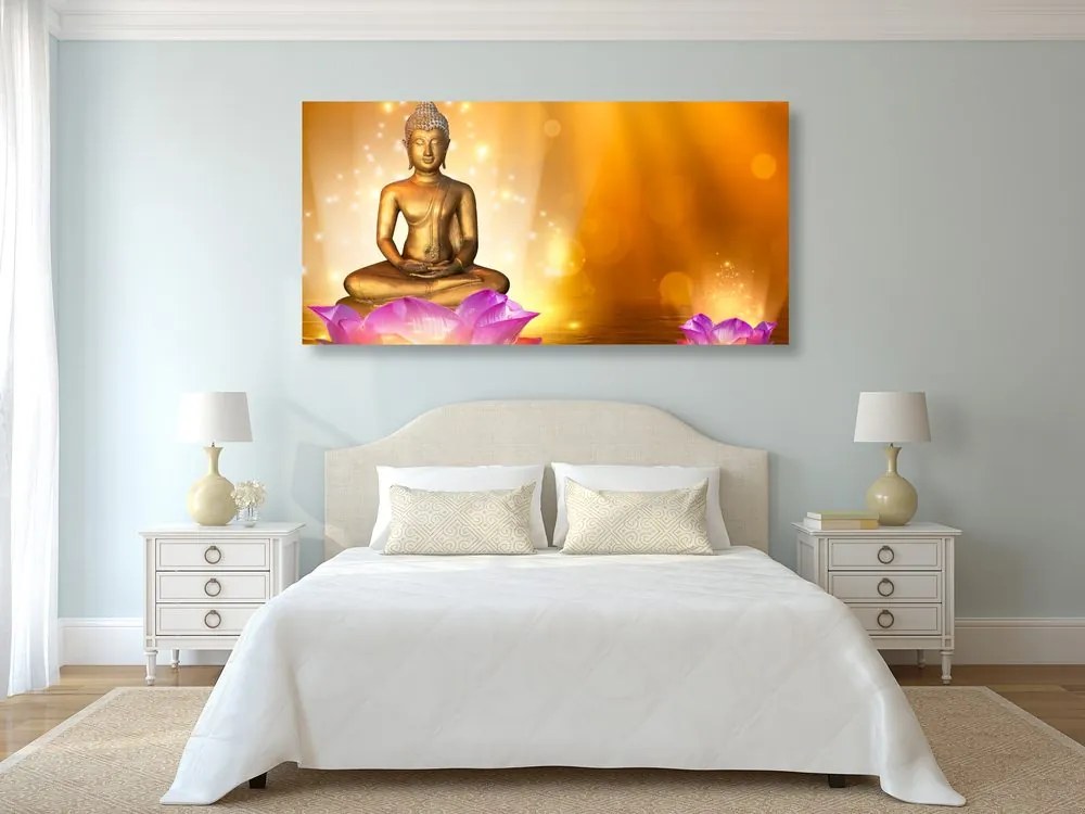 Quadro su tela – Statua di Buddha su fiore di loto