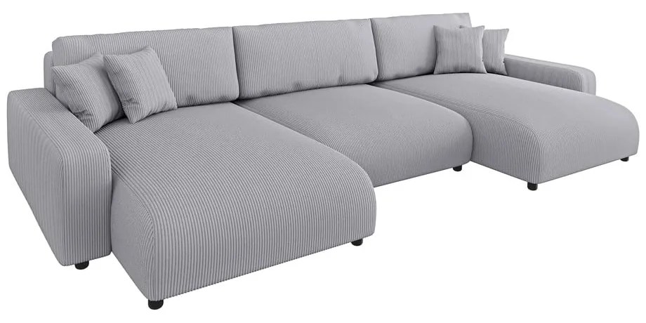 Divano angolare grigio chiaro allungabile/con contenitore (a U) con rivestimento in velluto a coste Sara – Ropez