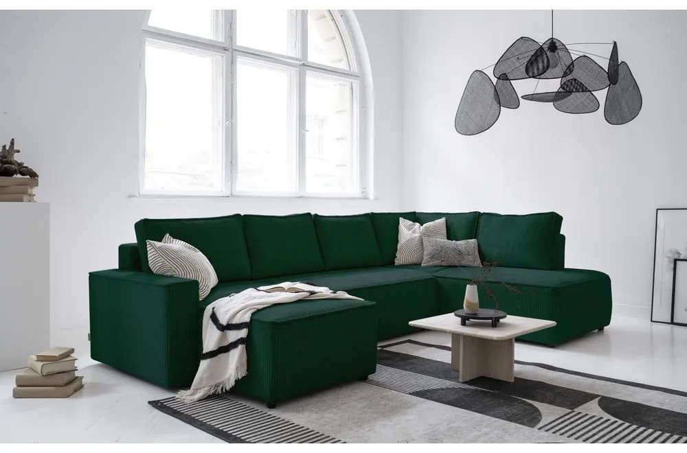 Divano letto angolare in velluto a coste verde scuro Brave Dave - Miuform