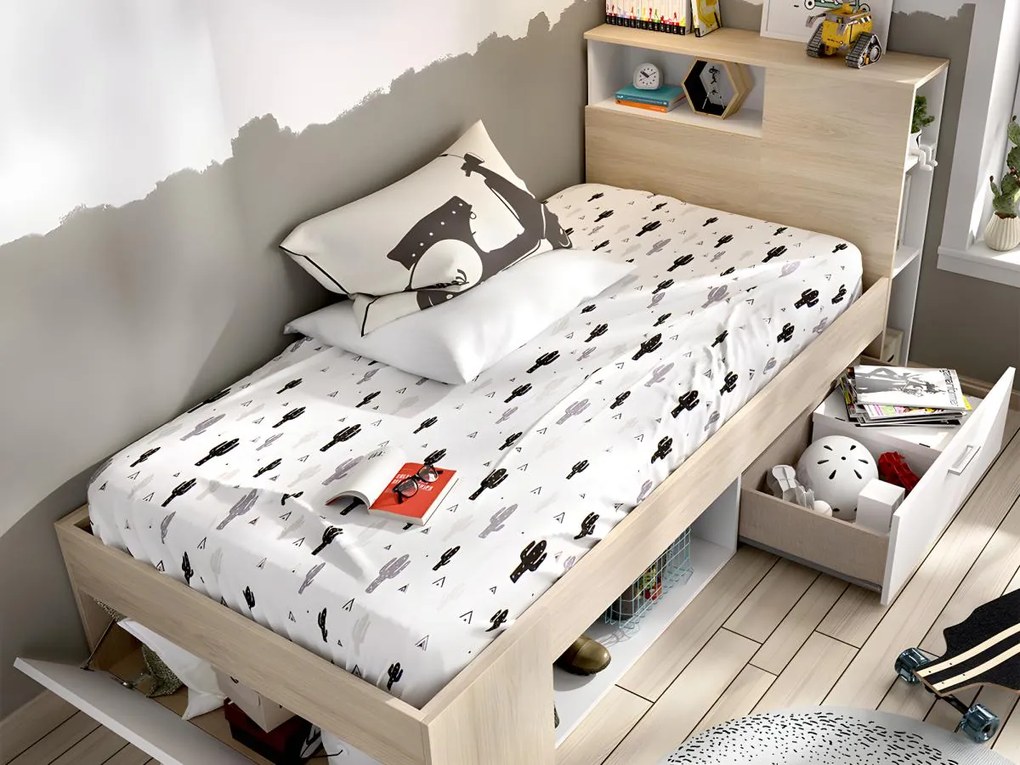 Letto con testata, vani portaoggetti e cassetto 90 x 190 cm Bianco e Naturale - LEANDRE