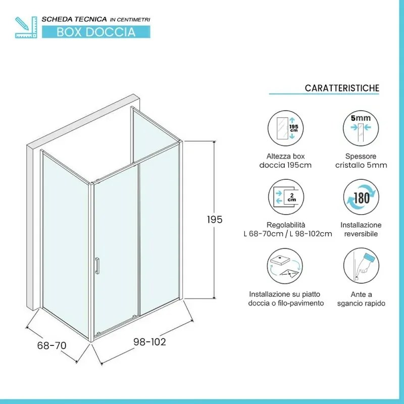 Box doccia 3 lati 70x100x70 con porta scorrevole e vetro stampato Tay