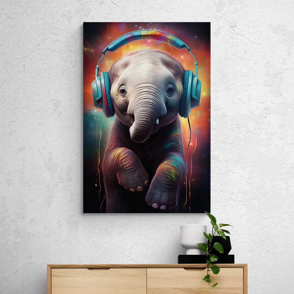 Stampa su tela – Elefante con cuffie