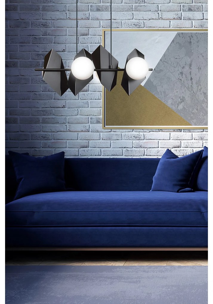 Lampadario 4 Luci Moderno Parvati In Acciaio Nero E Sfere Vetro Opalino