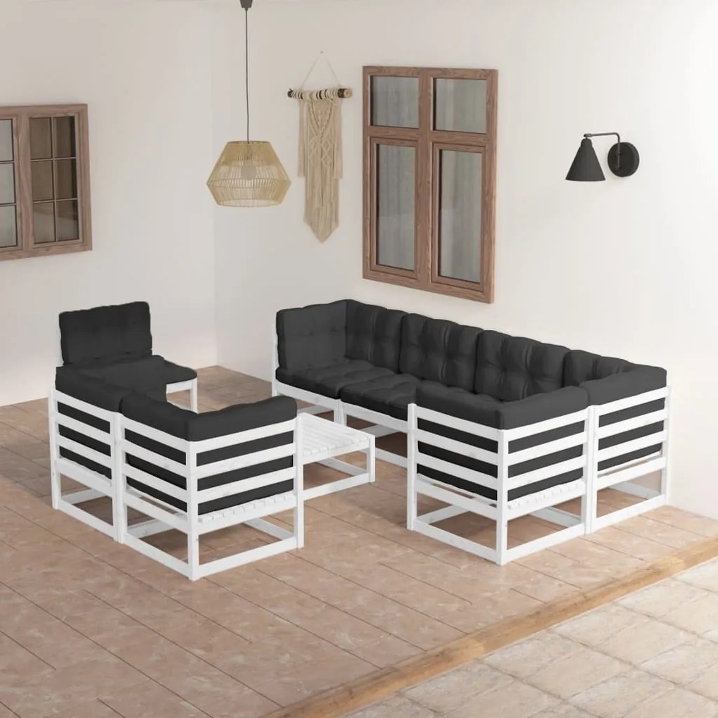 Set divani da giardino 9 pz con cuscini legno massello di pino