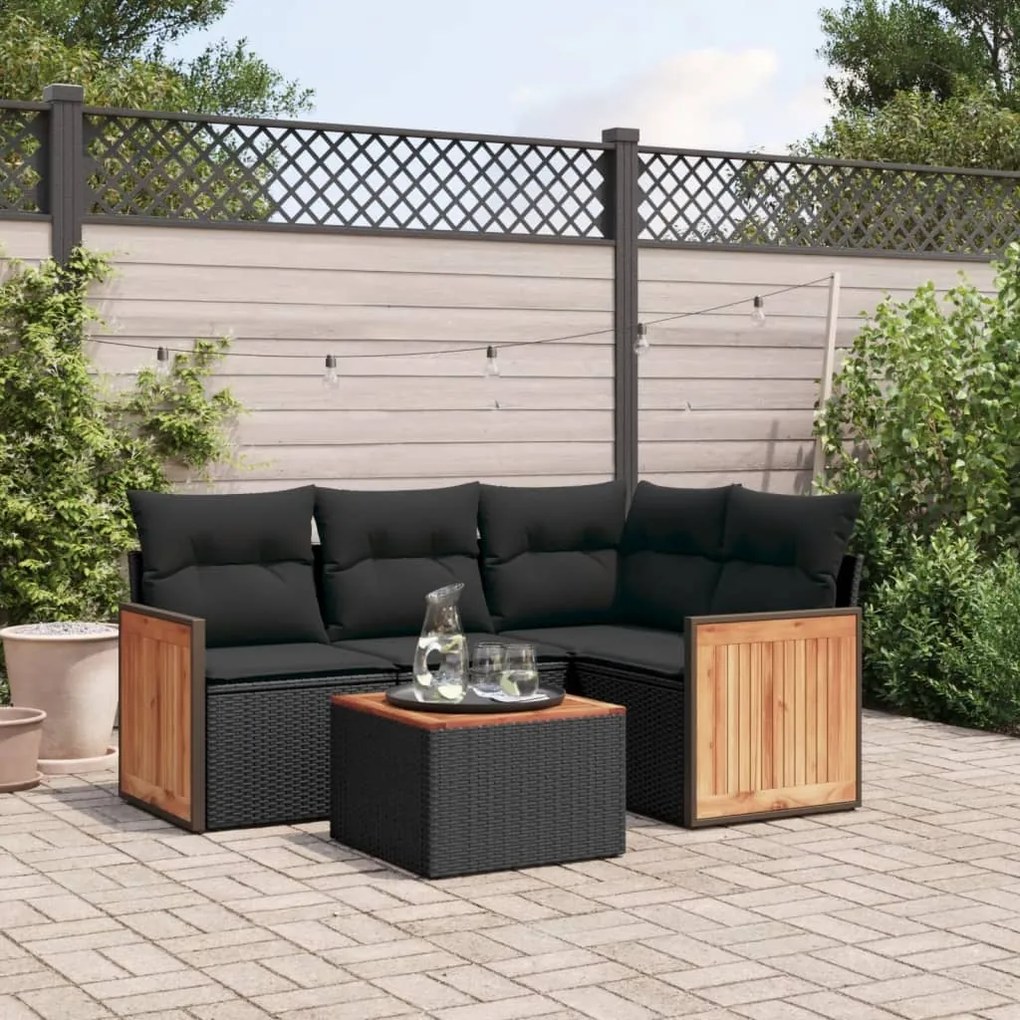 Set divani da giardino 5 pz con cuscini in polyrattan nero