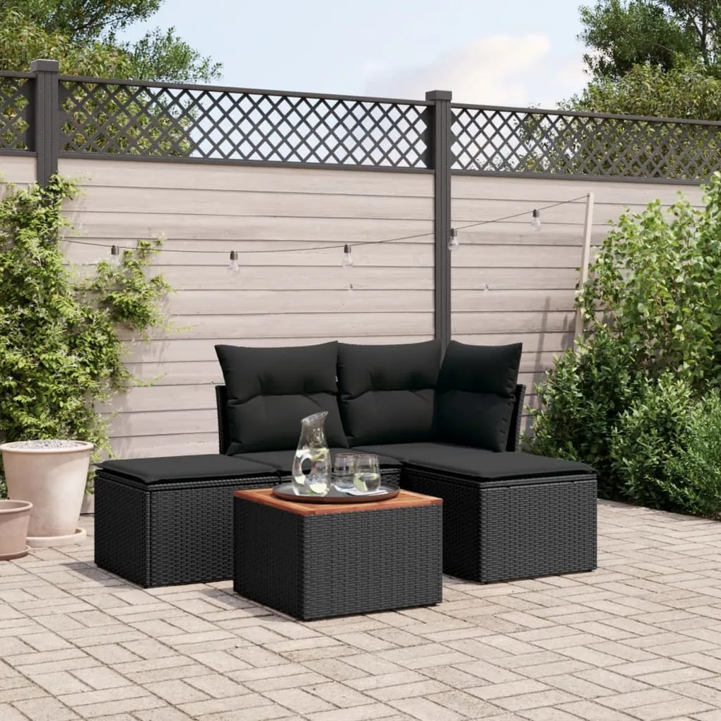 Set divani da giardino 5 pz con cuscini in polyrattan nero