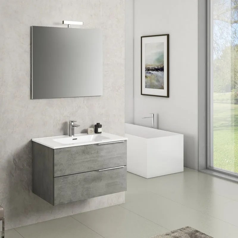 Mobile sottolavabo, lavabo e specchio con illuminazione Emma cemento L 79 x H 50 x P 45.5 cm 2 cassetti