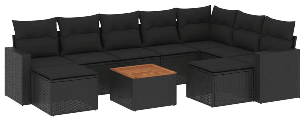 Set divani da giardino 10pz con cuscini in polyrattan nero