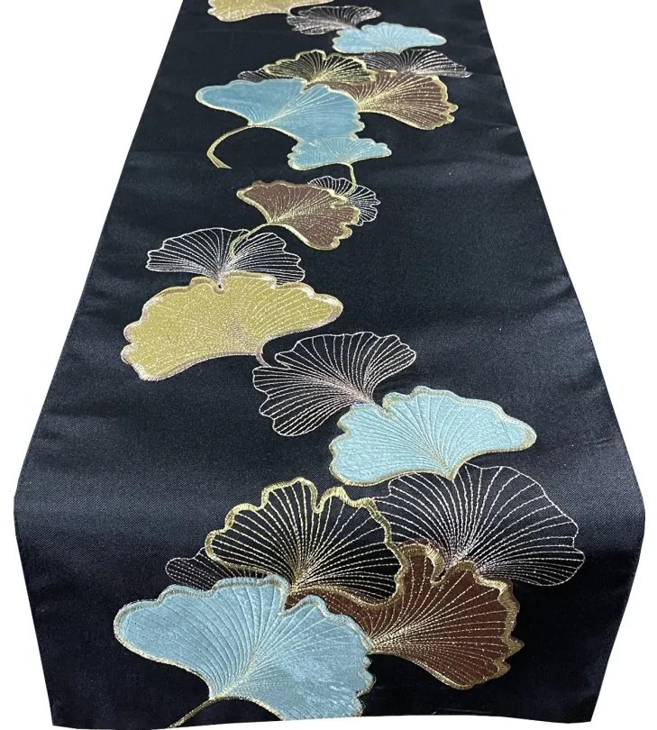 Stola decorativa nera con motivo a foglie di Ginkgo Larghezza: 35 cm | Lunghezza: 140 cm