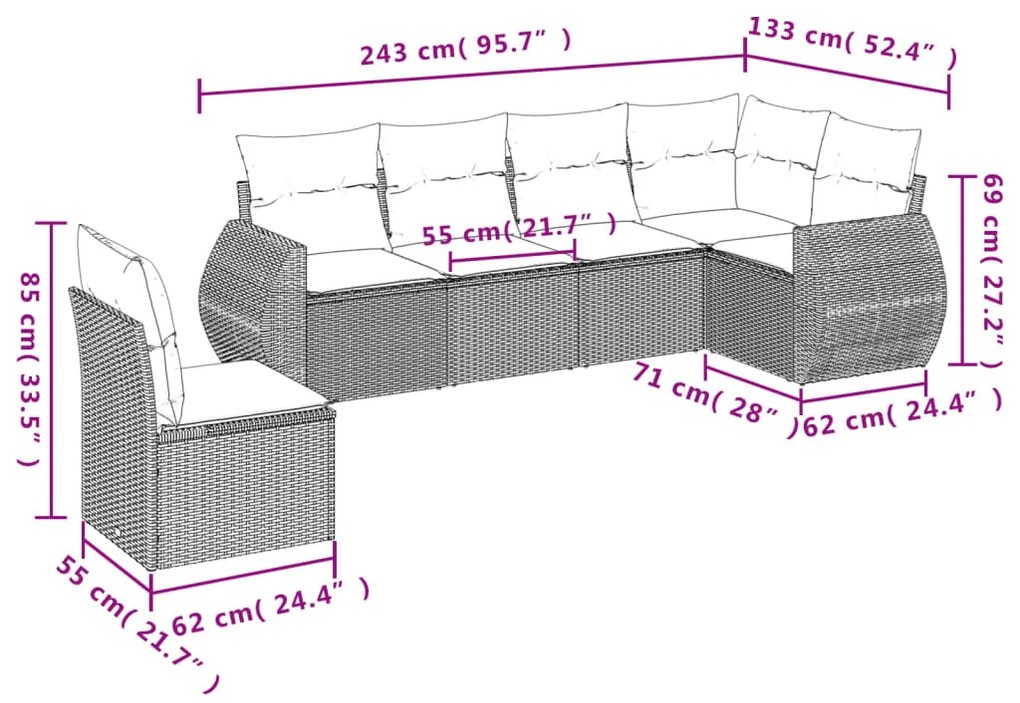 Set divano da giardino 6 pz con cuscini nero in polyrattan