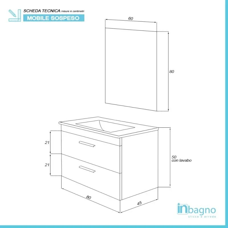 Mobile bagno sospeso 80 cm bianco con 2 cassettoni soft-close Desya