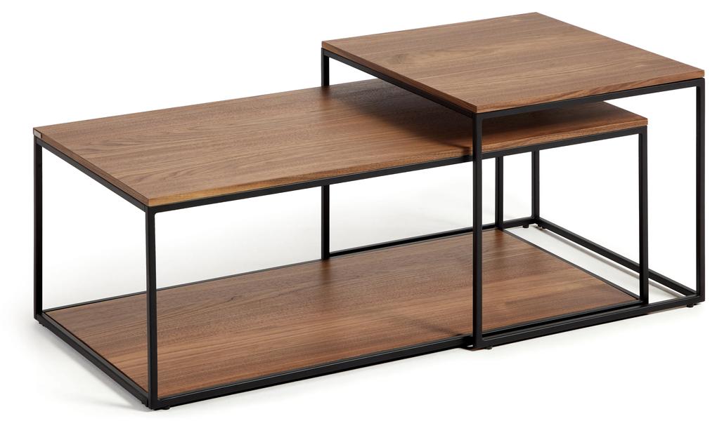 Kave Home - Set Yoana di 2 tavolini impiallacciati noce e struttura metallo verniciato nero