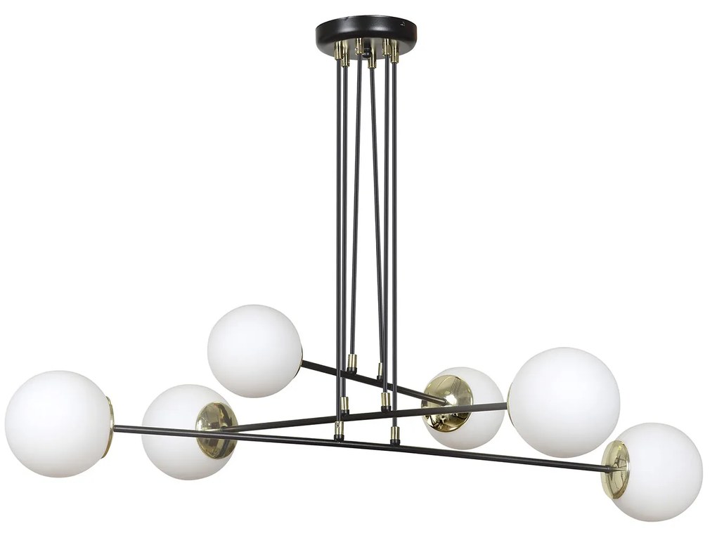 Lampadario Moderno 6 Luci Tsukuyomi In Acciaio Nero E Oro E Vetro A Sfera Opale