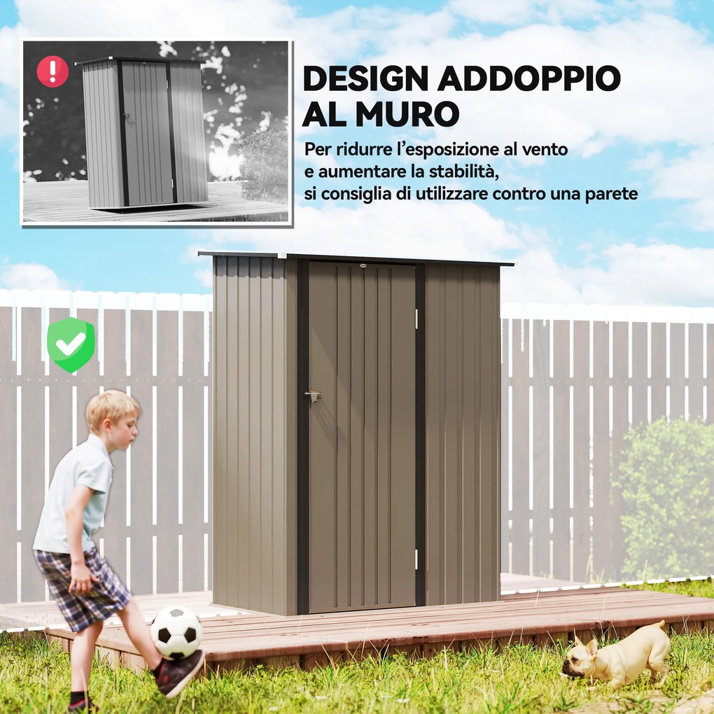 Capanno Porta Attrezzi 142x86x189 cm con Tetto Inclinato e Porta Bloccabile in Metallo Marrone...