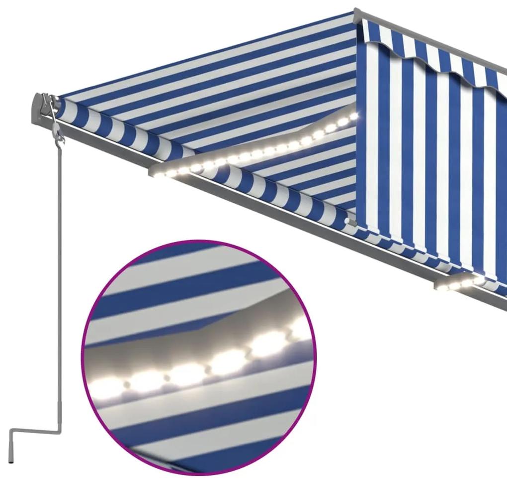 Tenda Sole Retrattile Manuale con LED 5x3m Blu e Bianco