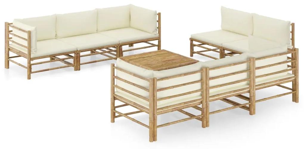 Set divani da giardino 9 pz con cuscini bianco crema in bambù