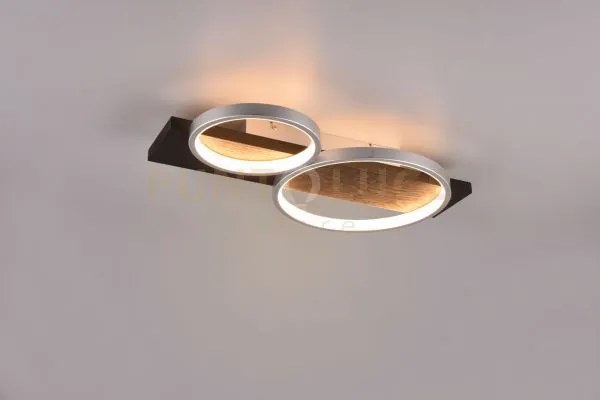 Medera plafoniera 2 cerchi metallo alluminio base legno nero con di...
